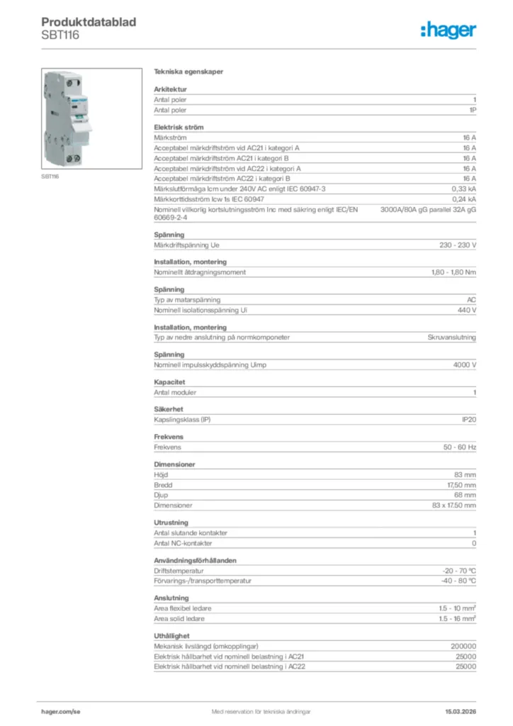 Bild Hager Produktdatablad SBT116 | Hager Sverige