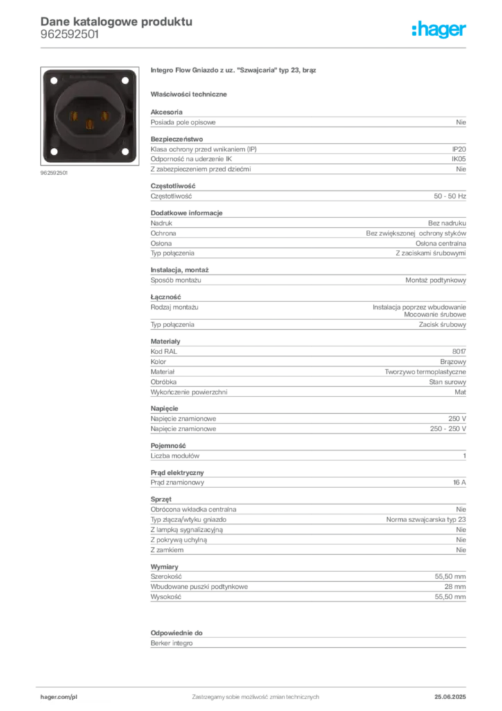 Zdjęcie Hager Karta katalogowa 962592501 | Hager Polska