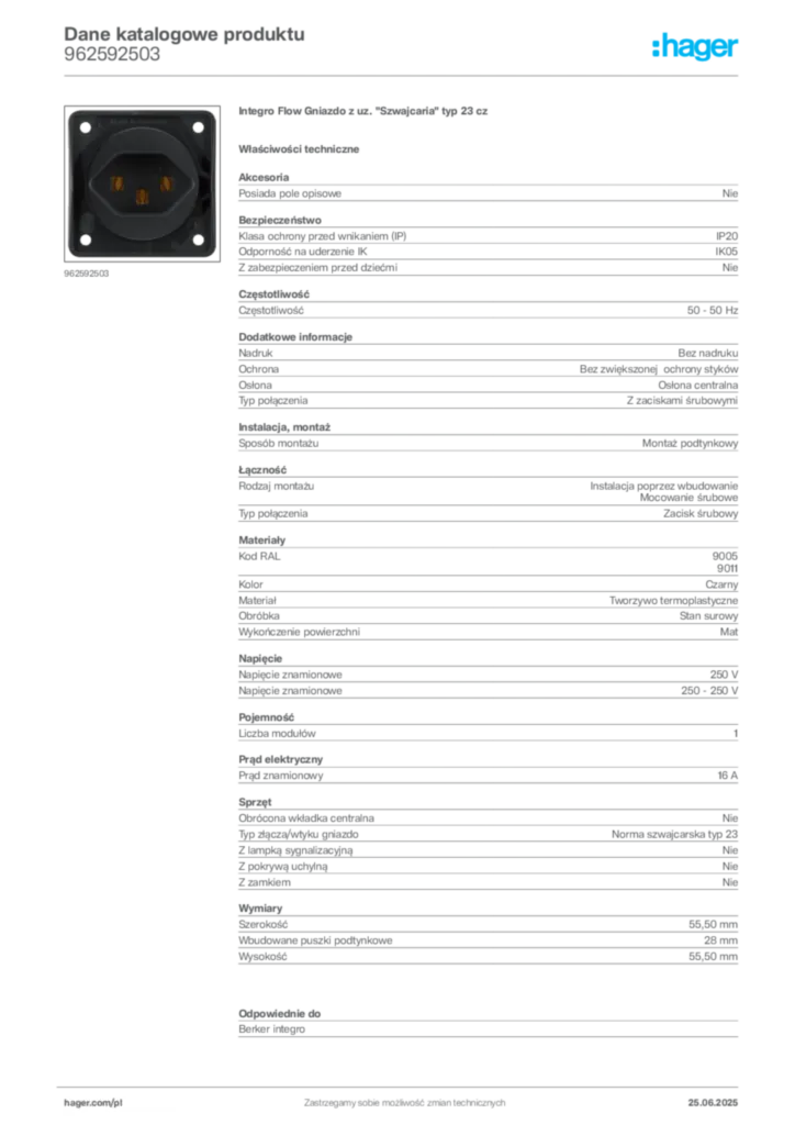 Zdjęcie Hager Karta katalogowa 962592503 | Hager Polska
