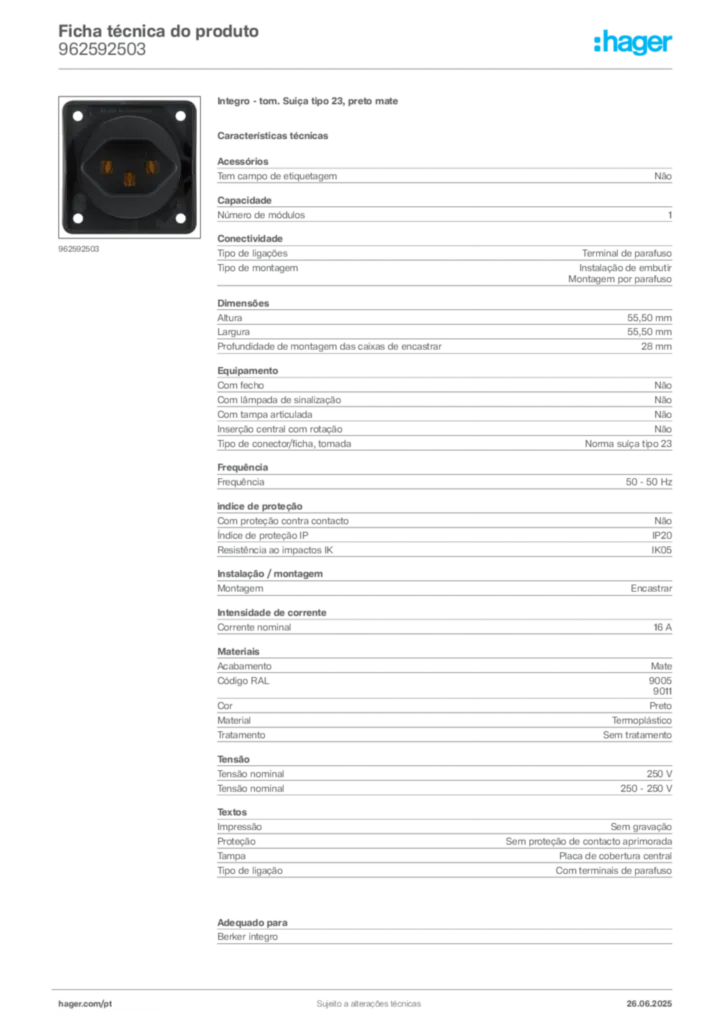 Imagem Hager Ficha técnica do produto 962592503 | Hager Portugal