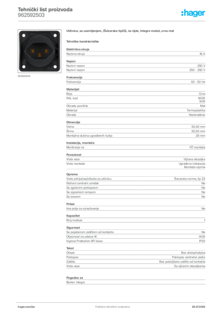 Slika Hager Product data sheet 962592503  | Hager