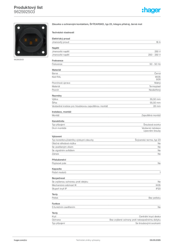 Obrázek Hager Produktový list 962592503 | Hager