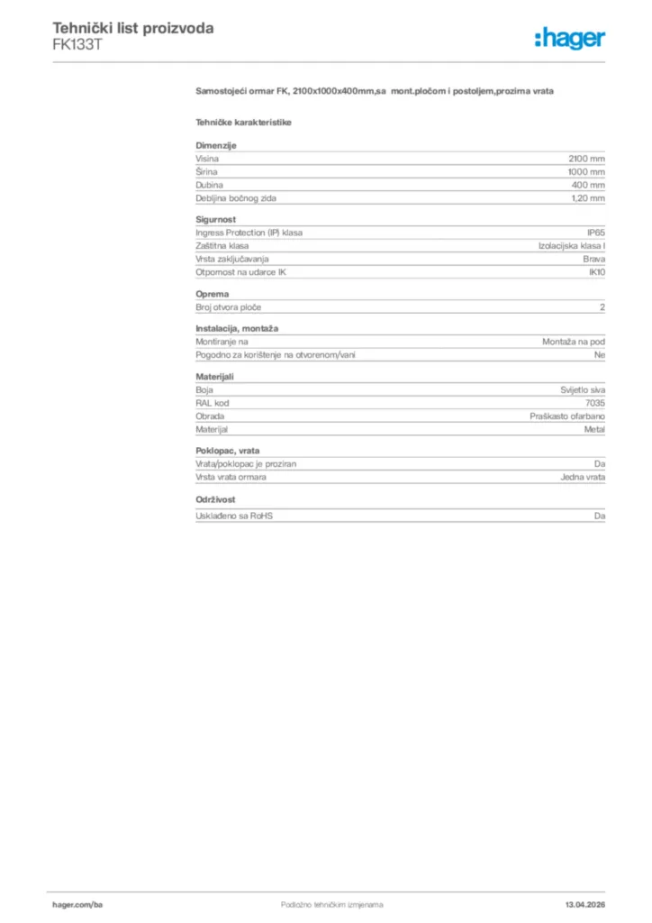 Slika Hager Tehnički list proizvoda FK133T  | Hager