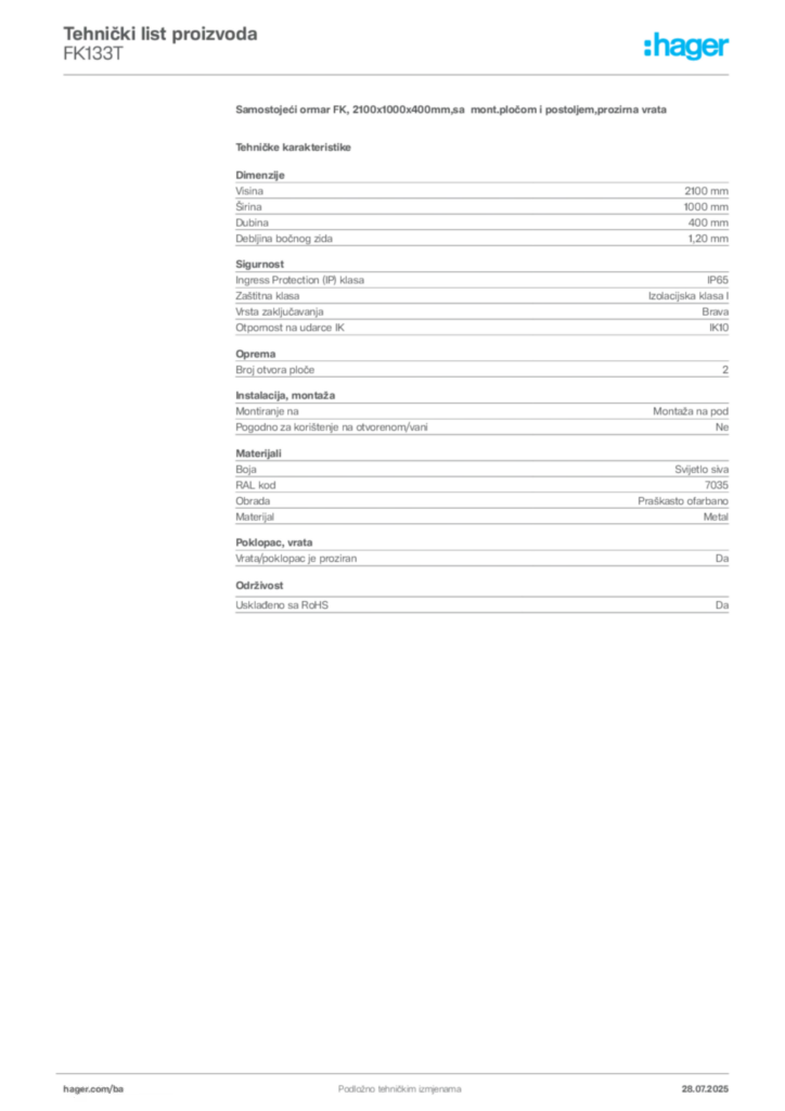 Slika Hager Product data sheet FK133T  | Hager