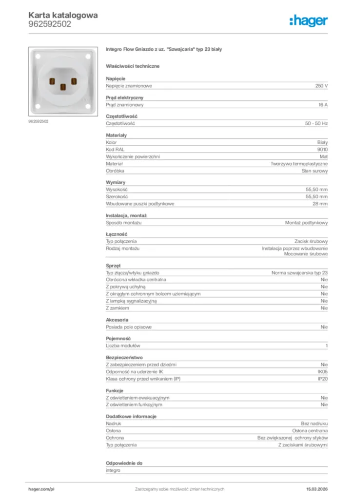 Zdjęcie Hager Karta katalogowa 962592502 | Hager Polska