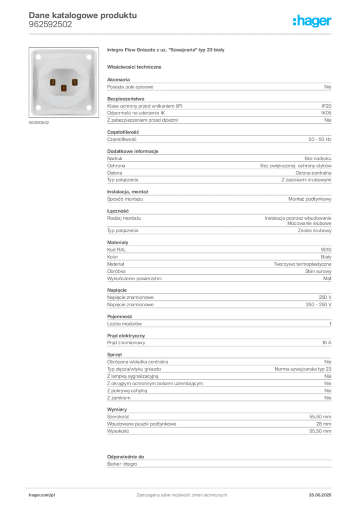 Zdjęcie Hager Karta katalogowa 962592502 | Hager Polska