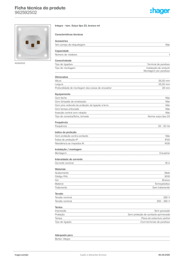 Imagem Hager Ficha técnica do produto 962592502 | Hager Portugal