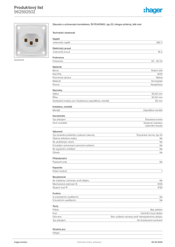 Obrázek Hager Product data sheet 962592502 | Hager