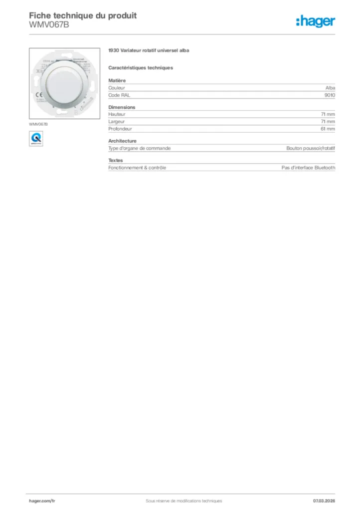 Image Hager Fiche technique du produit WMV067B | Hager France