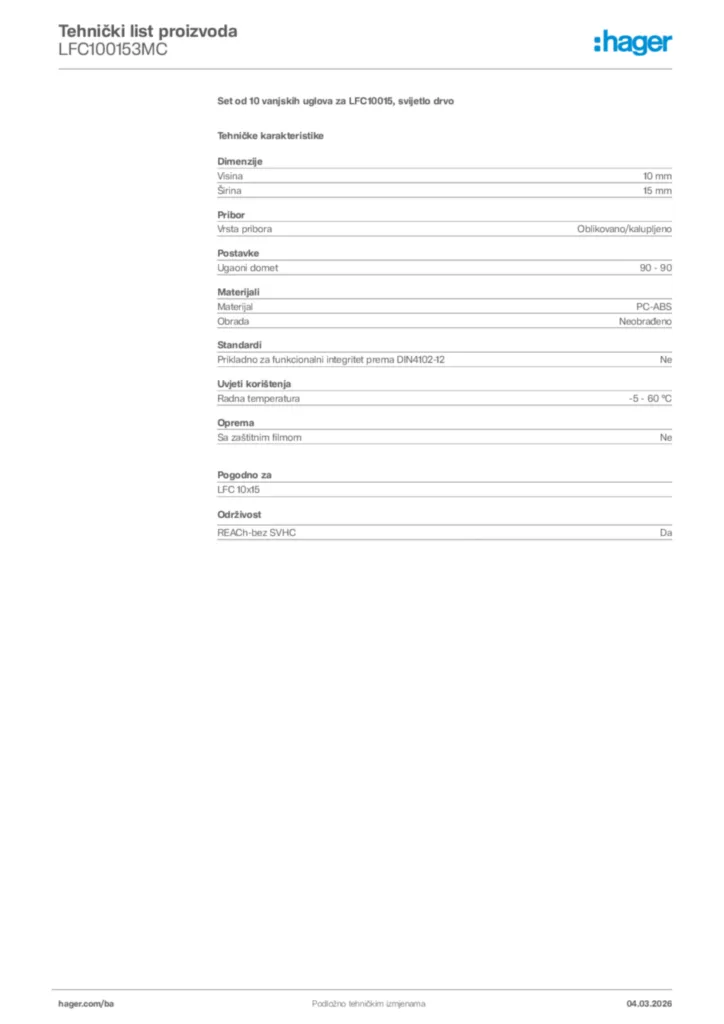 Slika Hager Tehnički list proizvoda LFC100153MC  | Hager