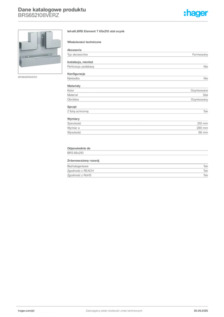 Zdjęcie Hager Karta katalogowa BRS652108VERZ | Hager Polska