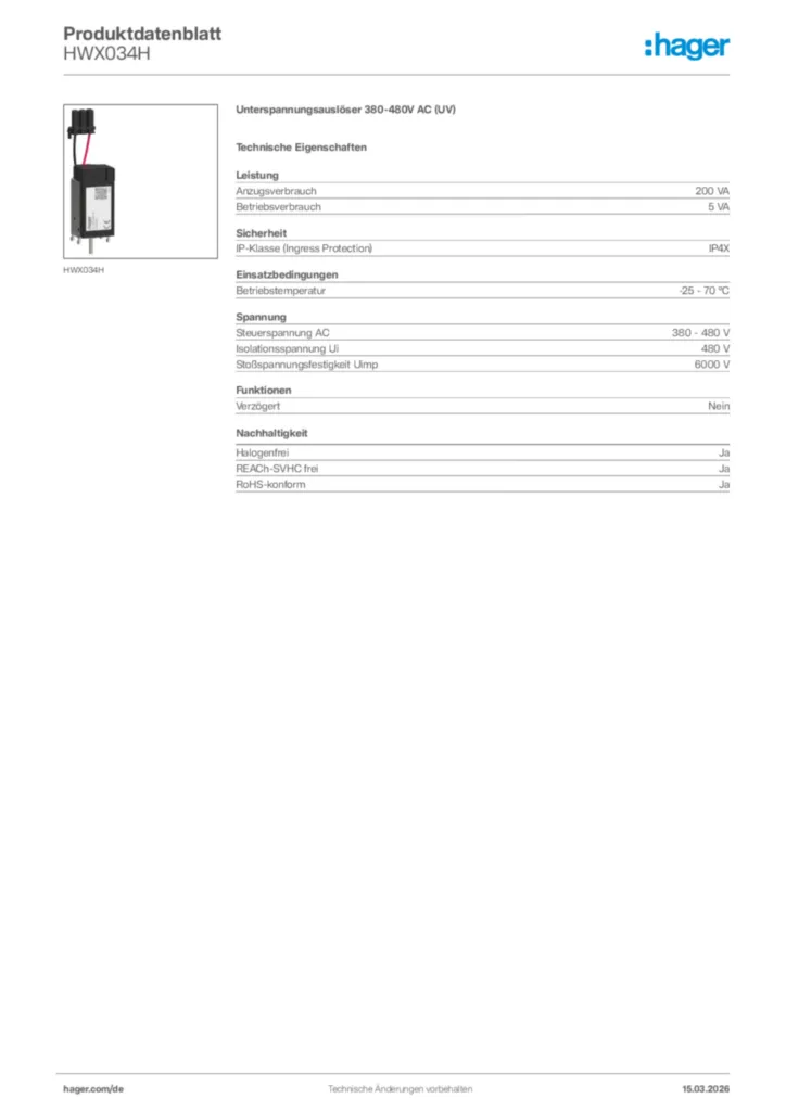 Bild Hager Produktdatenblatt HWX034H | Hager Deutschland