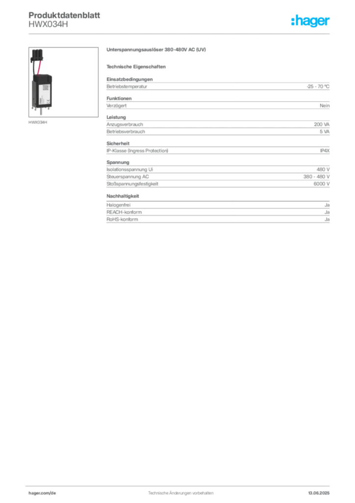 Bild Hager Produktdatenblatt HWX034H | Hager Deutschland