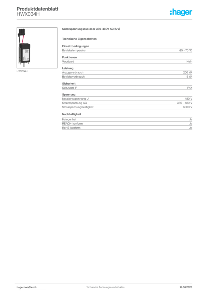 Bild Hager Produktdatenblatt HWX034H | Hager Schweiz