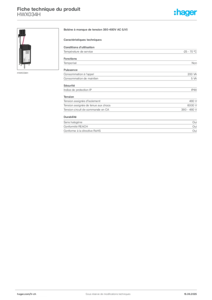 Image Hager Fiche technique du produit HWX034H | Hager Suisse