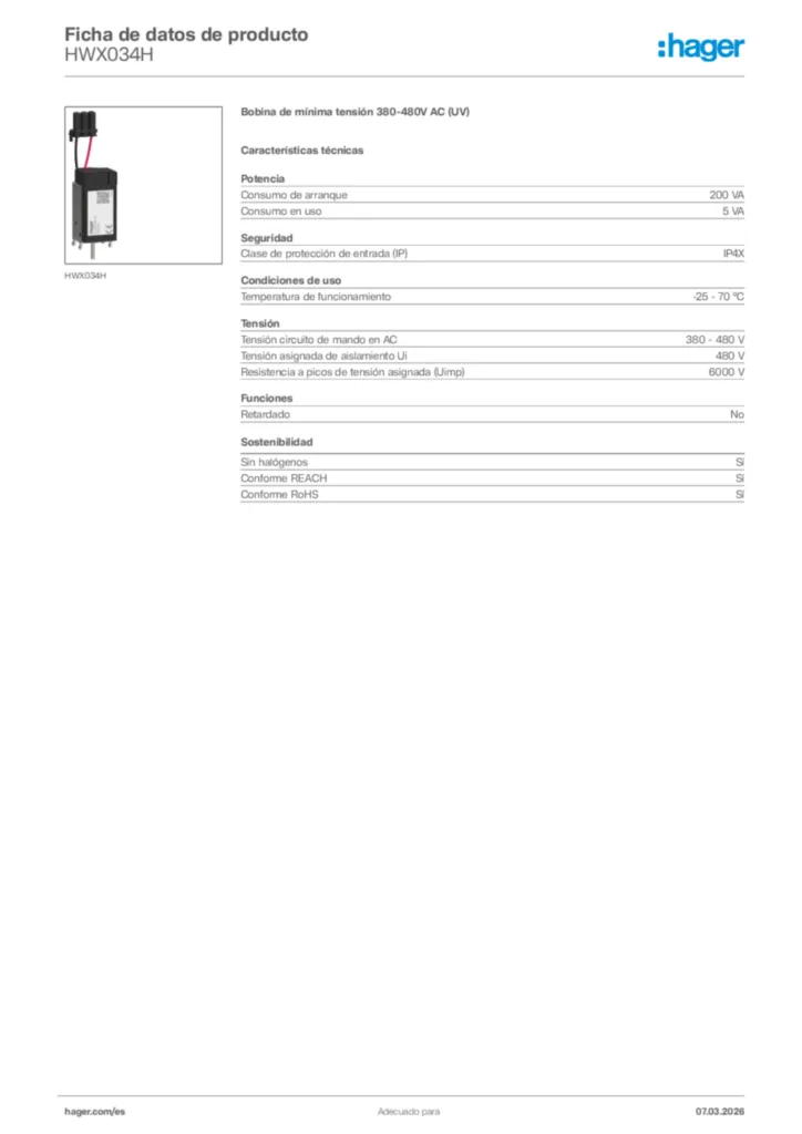 Imagen Hager Ficha de datos de producto HWX034H | Hager España