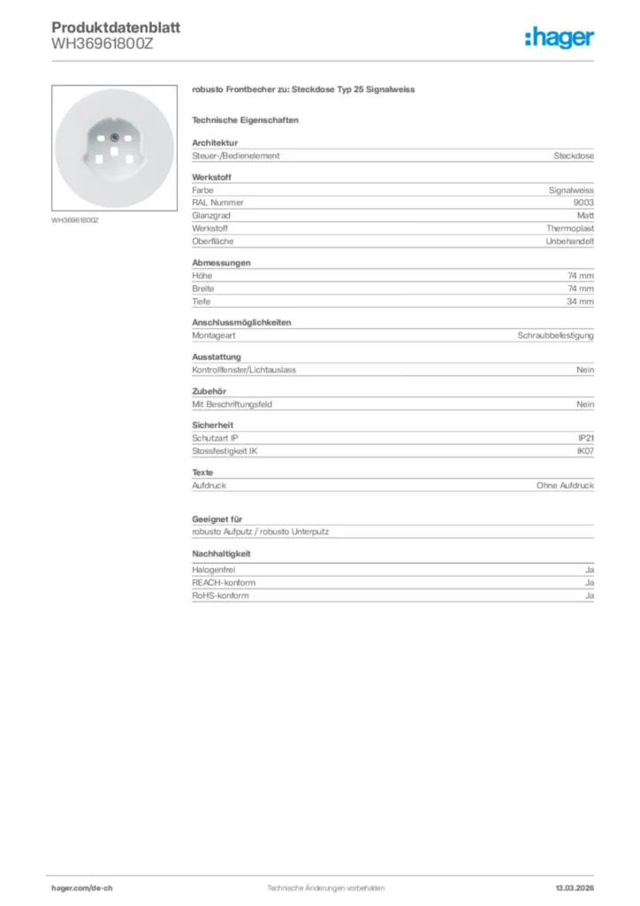 Bild Hager Produktdatenblatt WH36961800Z | Hager Schweiz