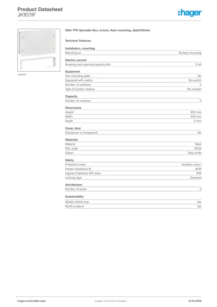 Image Hager Product data sheet JK1E01F  | Hager