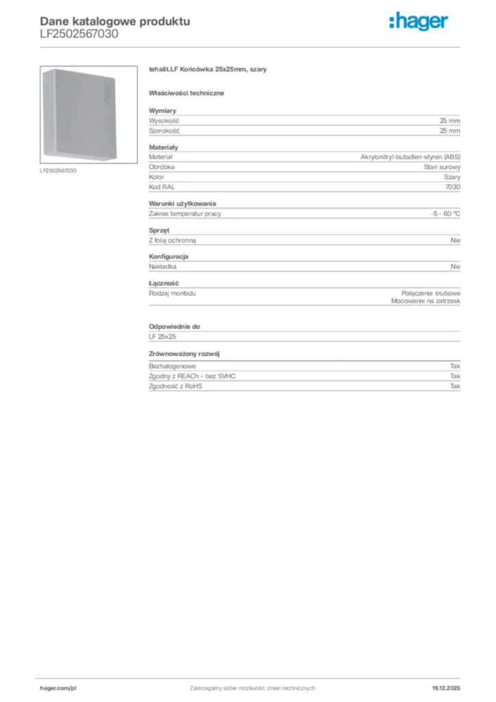 Zdjęcie Hager Karta katalogowa LF2502567030 | Hager Polska