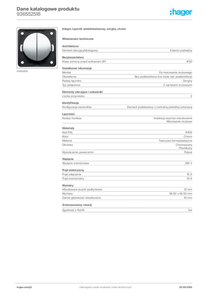 Zdjęcie Hager Karta katalogowa 936552518 | Hager Polska