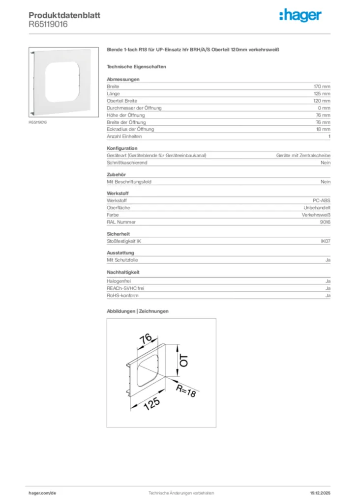 Bild Hager Produktdatenblatt R65119016 | Hager Deutschland