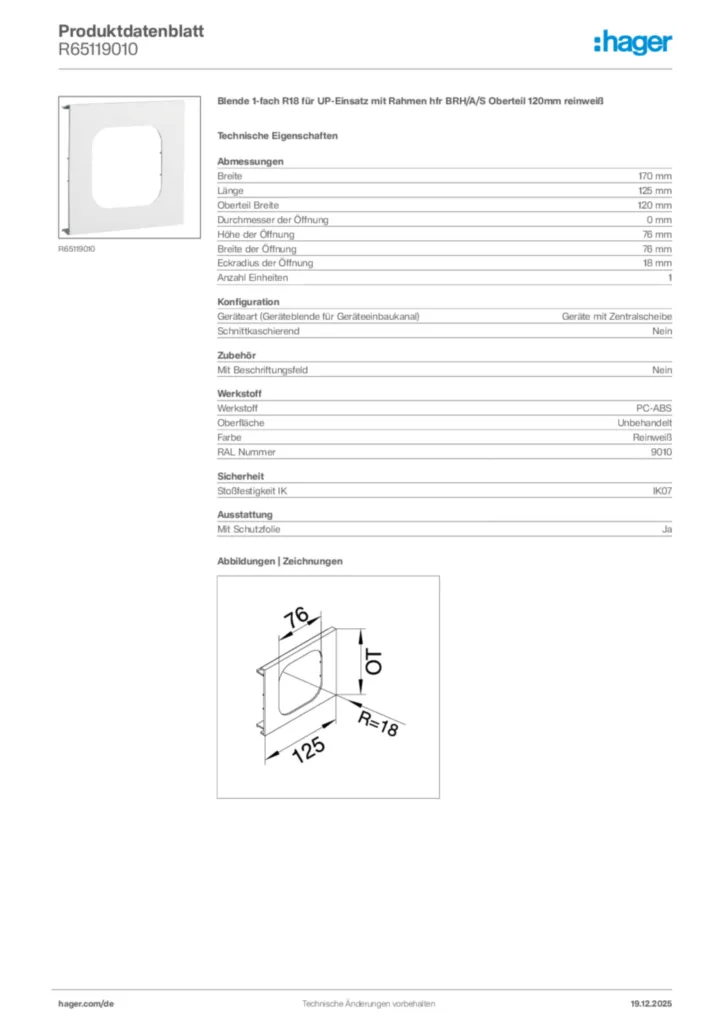 Bild Hager Produktdatenblatt R65119010 | Hager Deutschland