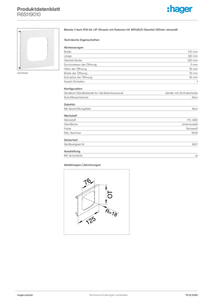 Bild Hager Produktdatenblatt R65119010 | Hager Deutschland