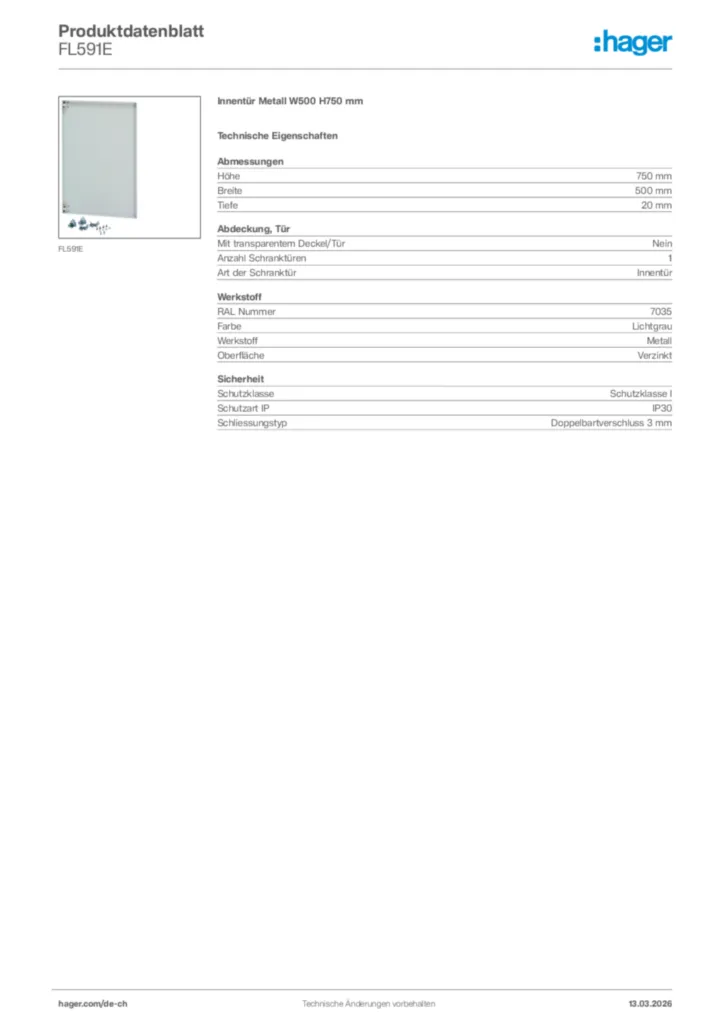 Bild Hager Produktdatenblatt FL591E | Hager Schweiz