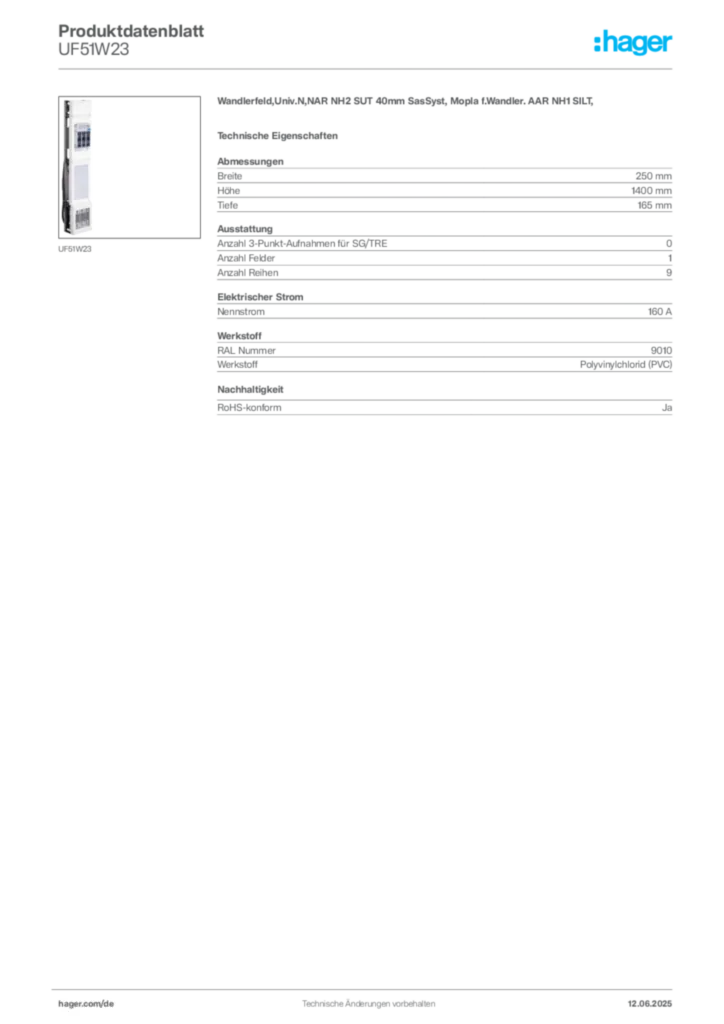 Bild Hager Produktdatenblatt UF51W23 | Hager Deutschland