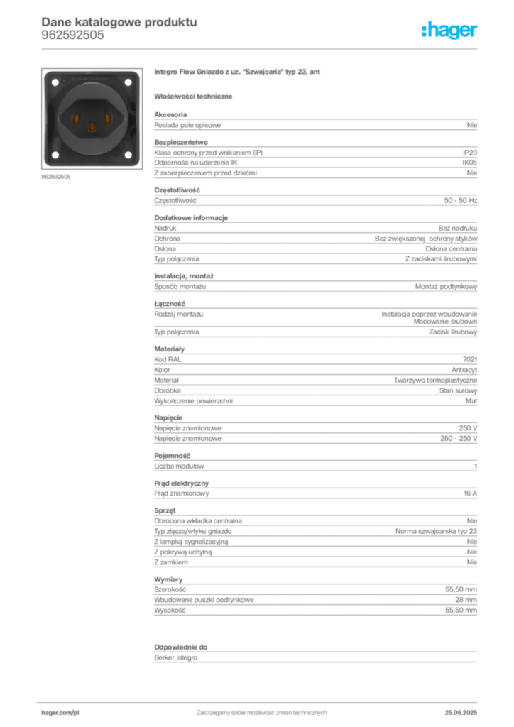 Zdjęcie Hager Karta katalogowa 962592505 | Hager Polska