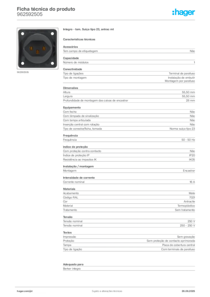 Imagem Hager Ficha técnica do produto 962592505 | Hager Portugal