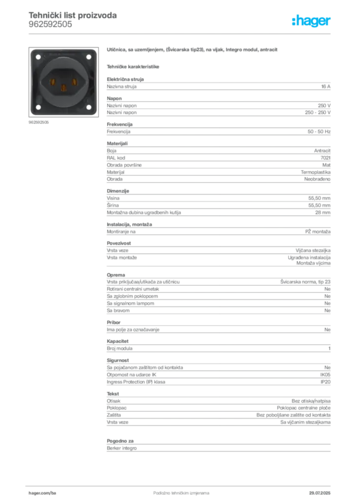Slika Hager Product data sheet 962592505  | Hager