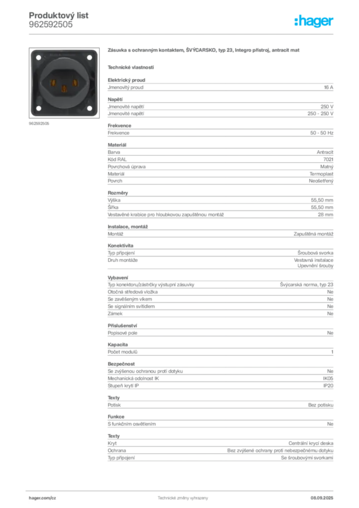 Obrázek Hager Produktový list 962592505 | Hager