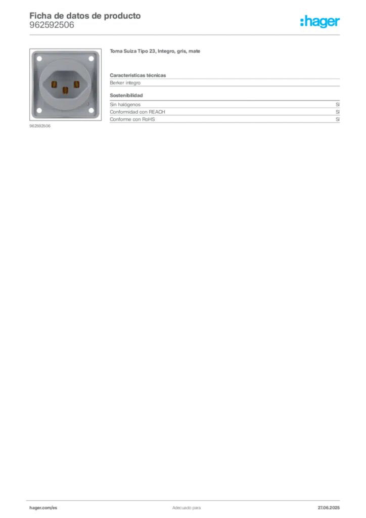 Imagen Hager Ficha de datos de producto 962592506 | Hager España