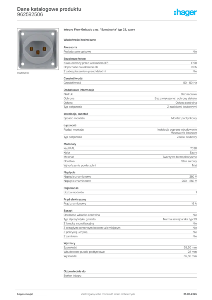 Zdjęcie Hager Karta katalogowa 962592506 | Hager Polska