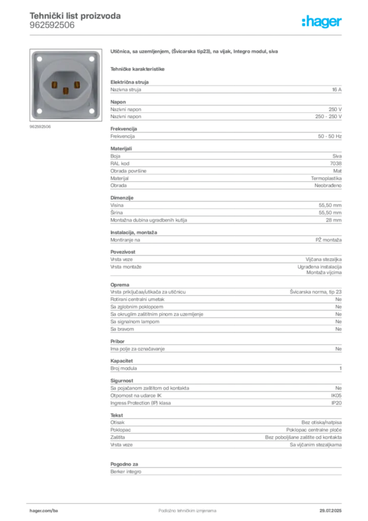 Slika Hager Product data sheet 962592506  | Hager