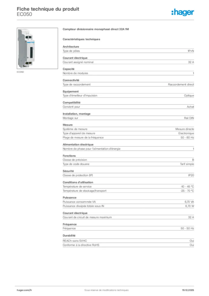 Image Hager Fiche technique du produit EC050 | Hager France