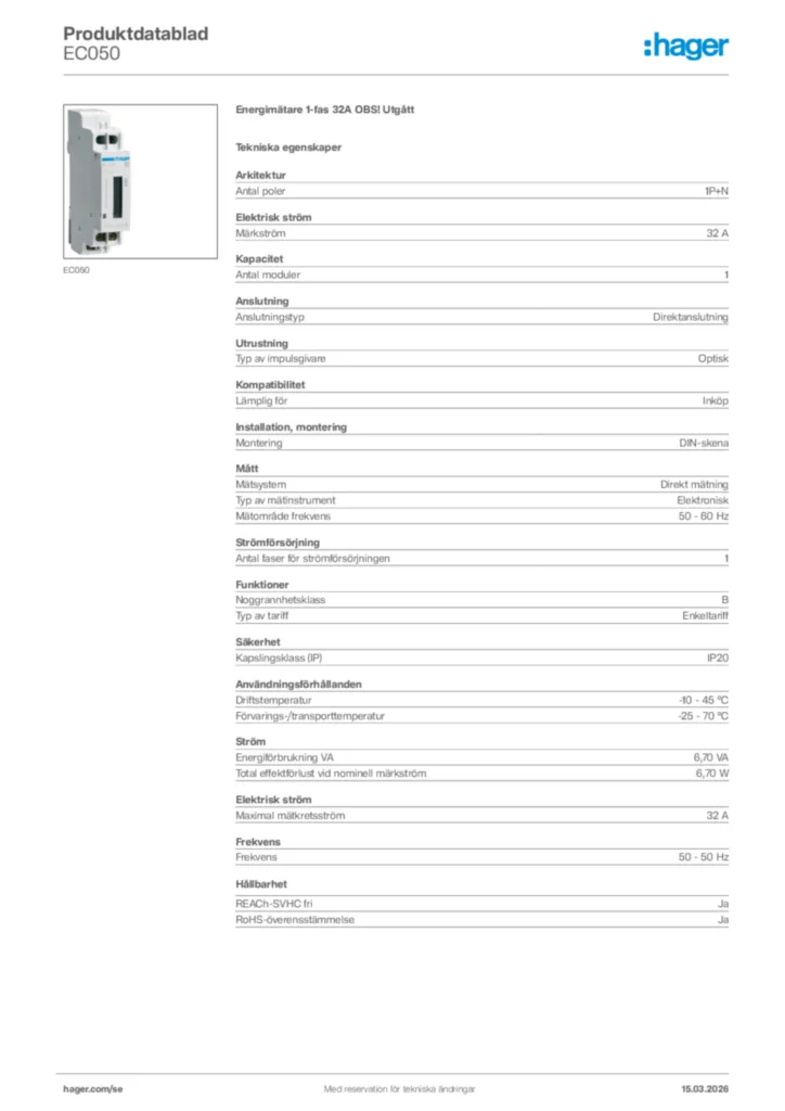 Bild Hager Produktdatablad EC050 | Hager Sverige
