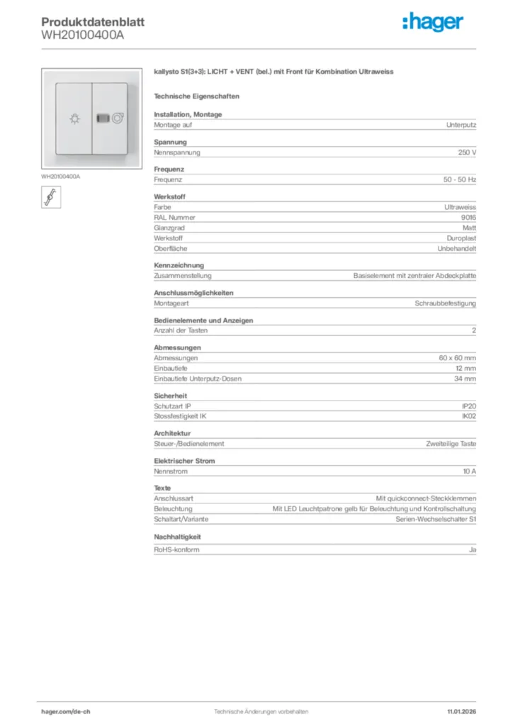 Bild Hager Produktdatenblatt WH20100400A | Hager Schweiz