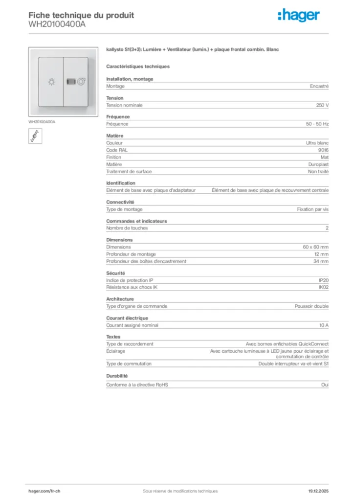 Image Hager Fiche technique du produit WH20100400A | Hager Suisse