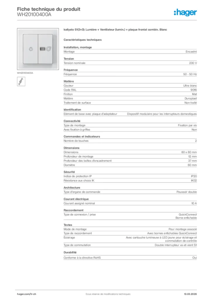Image Hager Fiche technique du produit WH20100400A | Hager Suisse