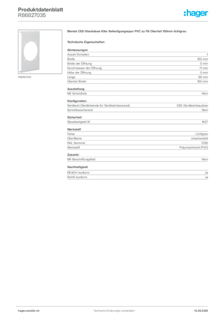 Bild Hager Produktdatenblatt R86827035 | Hager Schweiz