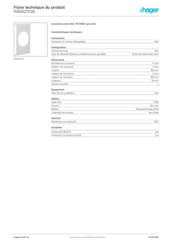 Image Hager Fiche technique du produit R86827035 | Hager Suisse
