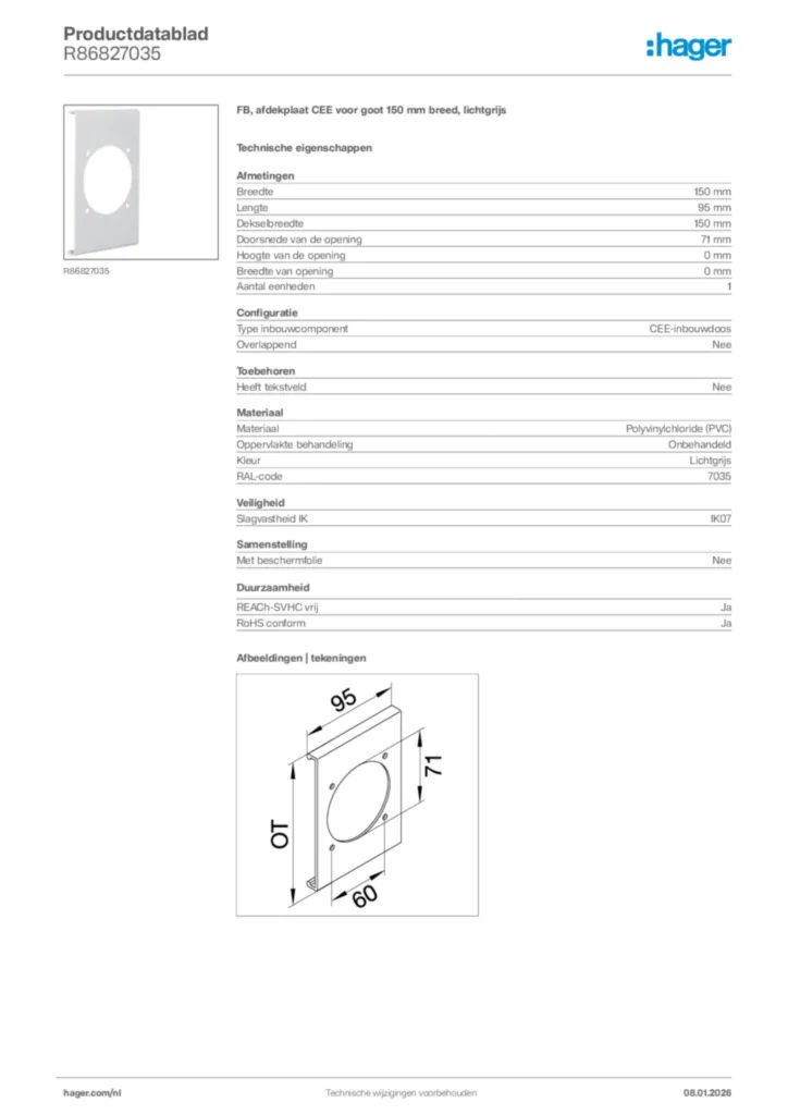 Afbeelding Hager Productdatablad R86827035 | Hager Nederland