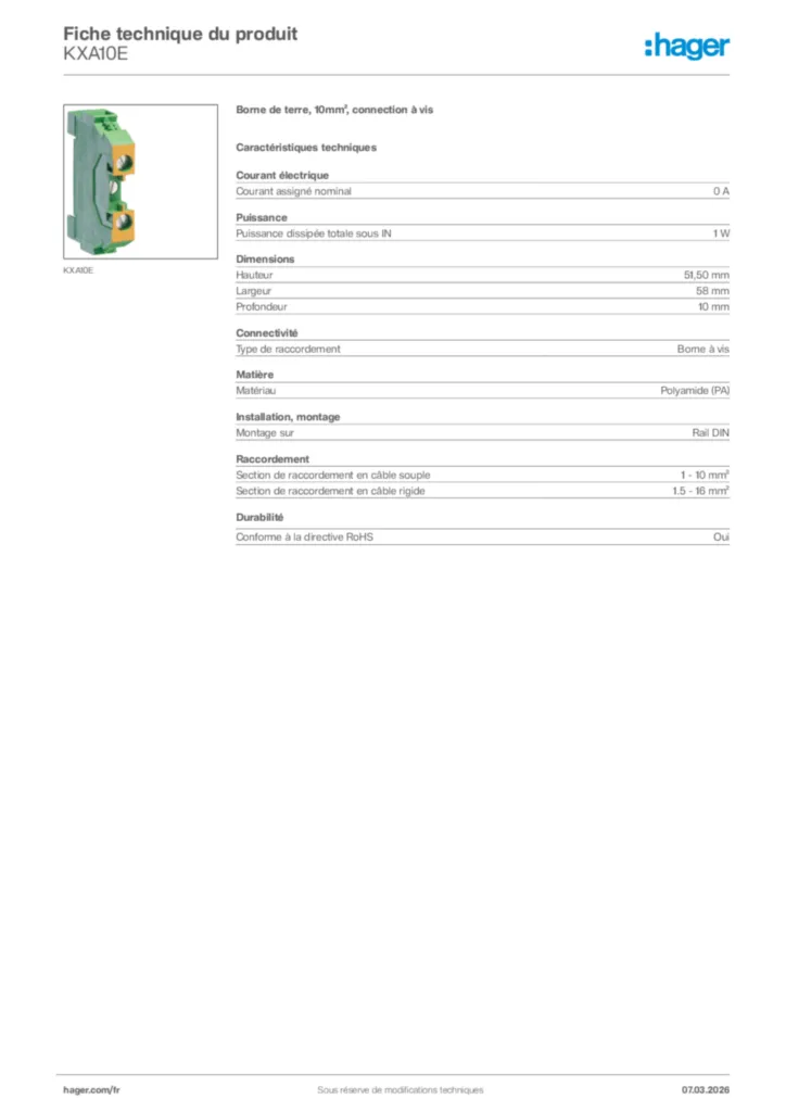Image Hager Fiche technique du produit KXA10E | Hager France