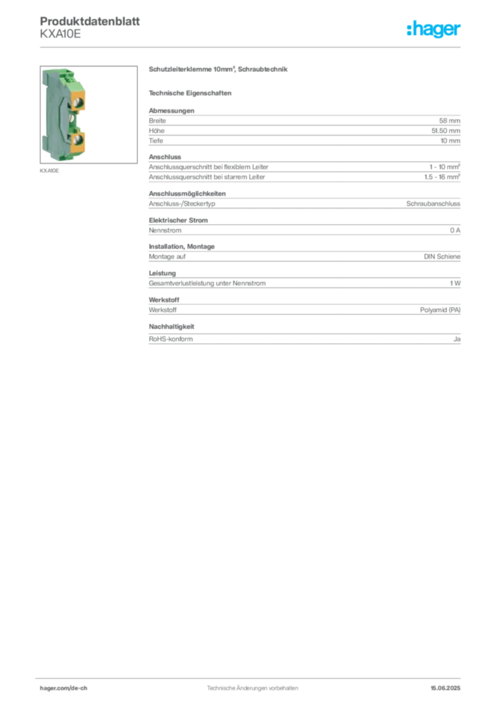 Bild Hager Produktdatenblatt KXA10E | Hager Schweiz