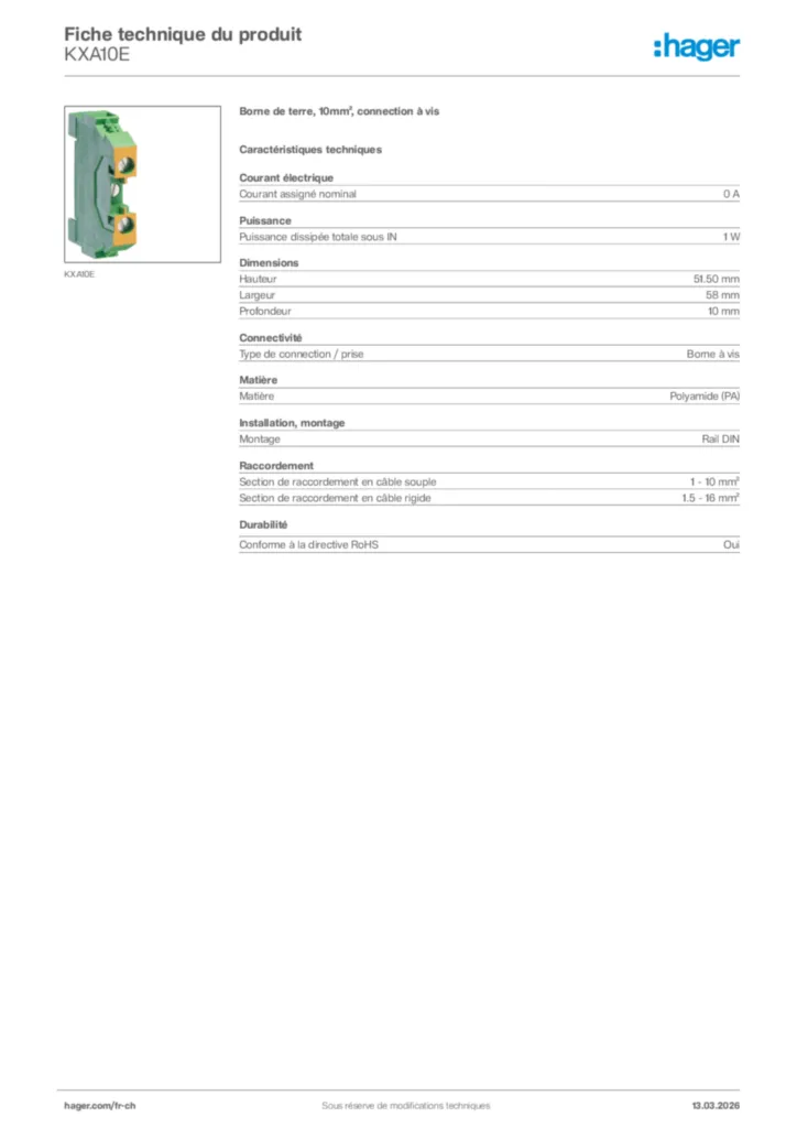 Image Hager Fiche technique du produit KXA10E | Hager Suisse