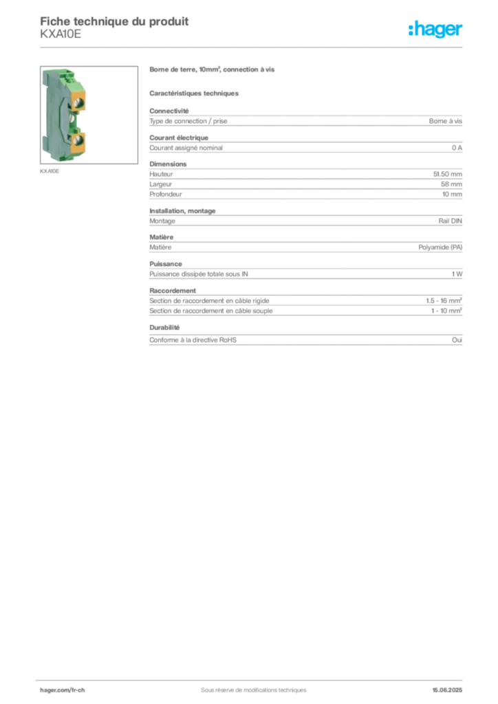 Image Hager Fiche technique du produit KXA10E | Hager Suisse