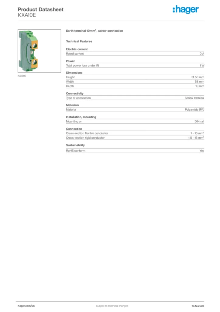 Image Hager Product data sheet KXA10E  | Hager