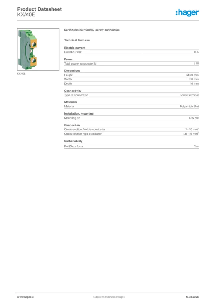 Image Hager Product data sheet KXA10E  | Hager
